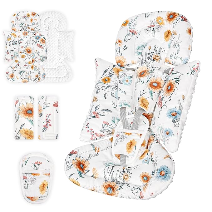 Infant Car Seat Insert Cushion for Newborn Girls Boys, 3 in 1 Ultra Soft Minky Newborn Body Support Insert Fits Car Seat, Stroller, Swing, Bouncer, Daisy Flower