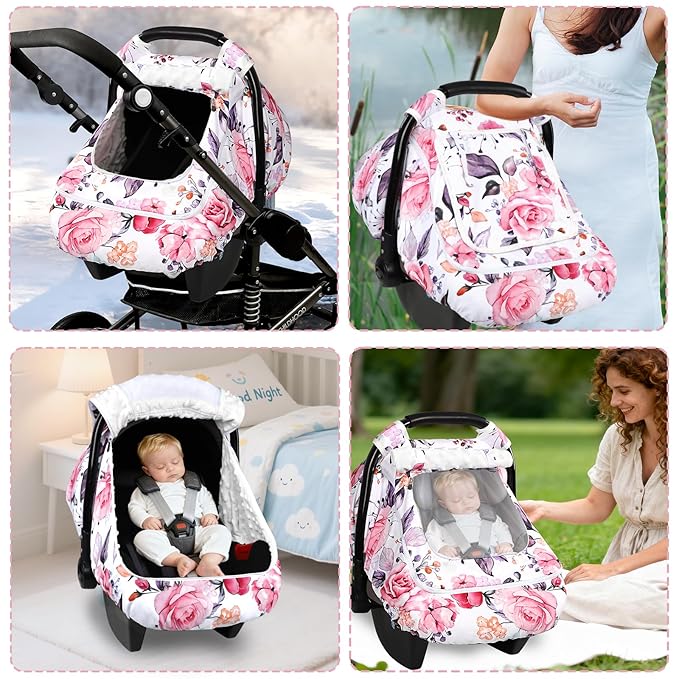 Winter Car Seat Cover Baby with Sunshade & Dual Zipper Windows - Minky Bubble Lined Windproof Soft Shell, Warm Newborn Car Seat Canopy Covers, Elastic Bottom for Stroller & Infant Car Seat, Floral