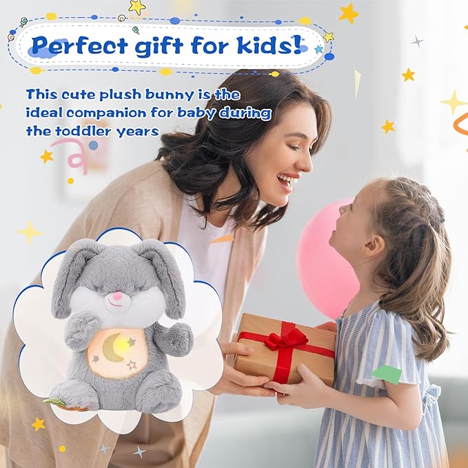 MIAODAM Breathing Stuffed Animal Bunny Plush, Anxiety Relief Plush Toy with Realistic Breathing Motion and Lighted Music Perfect for Babies and Kids
