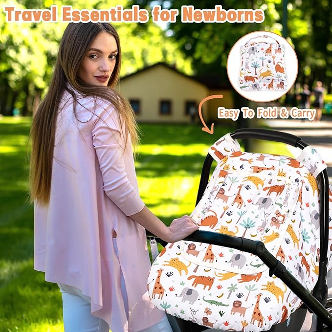 Car Seat Cover Baby, HNHUAMING Infant Car Seat Covers Canopy for Baby Girl Boy, Cozy & Windproof Newborn Carseat Covers Minky Dot Backing Stroller Cover with Breathable Mesh Window, Animals