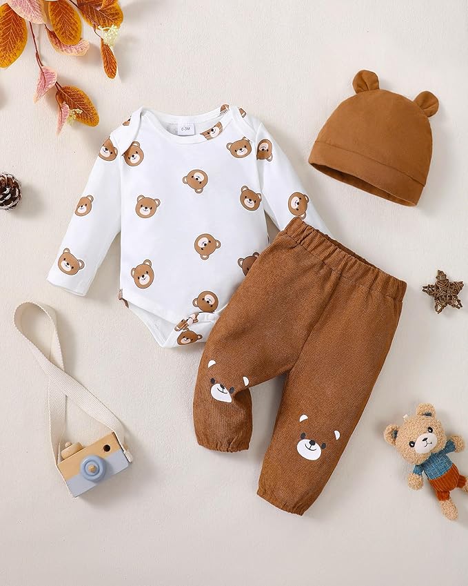 Baby Boy Clothes Infant Newborn Fall Winter Outfits Long Sleeve Letter Print Romper + Hat + Pants Set
