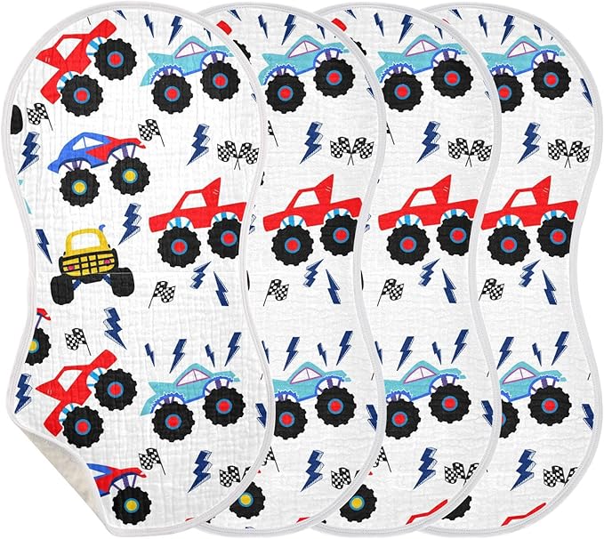 vvfelixl Baby Burp Cloths Monster Truck Cartoon Baby Newborn Cotton Burping Cloths Set Baby Washcloths 4 Pack