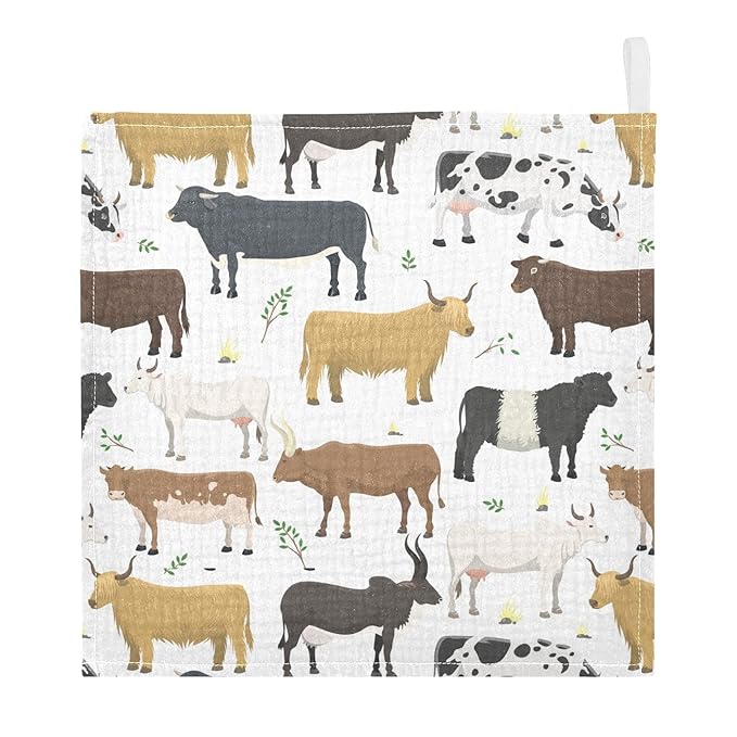 Baby Washcloths Cotton Bulls Cows Cattle Baby Muslin Washcloths Soft Baby Face Towel for Newborn Infants Baby Wipes, 11.8 X 11.8 Inch, 5 Pack White