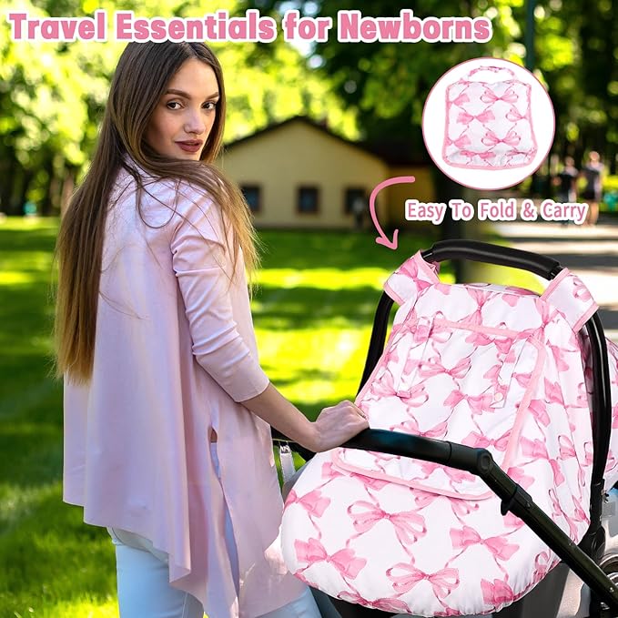 Car Seat Cover Baby, HNHUAMING Infant Car Seat Covers Canopy for Baby Girl Boy, Cozy & Windproof Newborn Carseat Covers Minky Dot Backing Stroller Cover with Breathable Mesh Window, Pink Bow