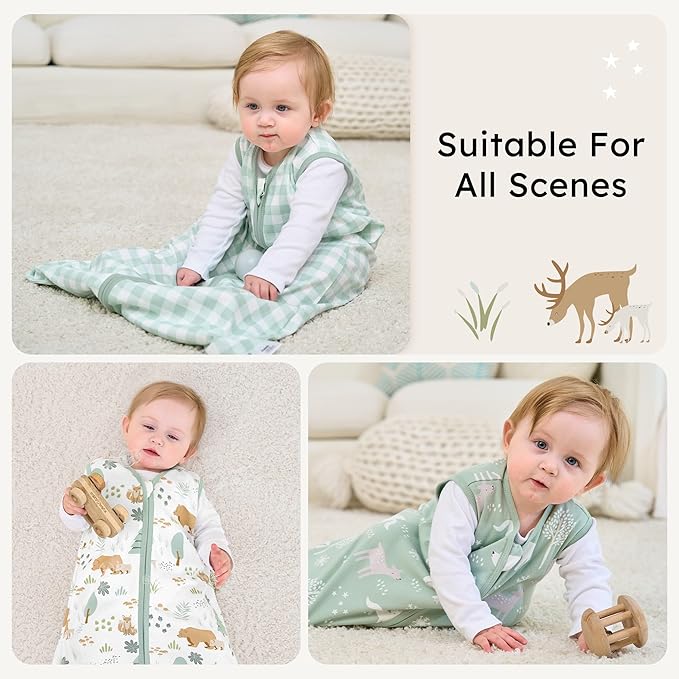 Baby Sleep Sack 0-6 months, 100% Cotton Sleeping Sack for Newborn and Infant, 3 Pack Baby Wearable Blanket, 0.5 Tog Lightweight Double Zipper Sleep Bag Small Green Forest Bear