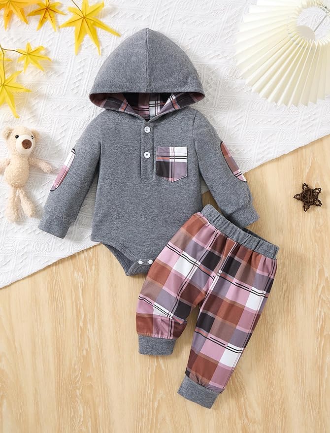 Baby Boy Clothes Long Sleeve Hoodie Romper and Plaid Pants Set Fall Winter Baby Boy Outfit 0–18 Months