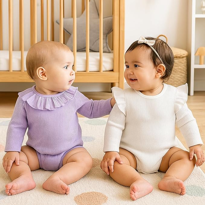 ROMPERINBOX Baby Girl Bodysuit 2 Pack, Long Sleeve Ribbed Knitted Onsies Ruffle Collar and Flutter Sleeve Fall Winter Clothes