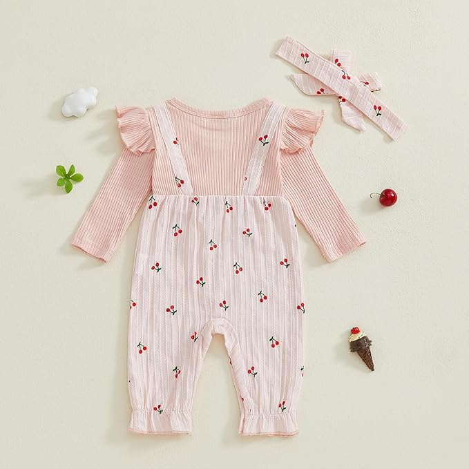 Infant Baby Girl Fall Outfit Romper Cherry Print Fake Two Pieces Patchwork Bow Jumpsuit Newborn Winter Clothes