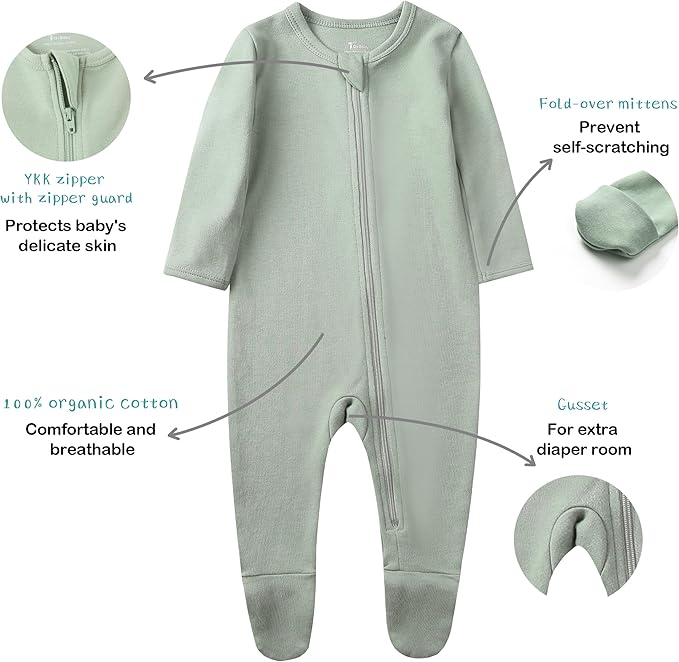 O2 BABY Baby Boys Girls Organic Cotton Zip-Front Sleeper Pajamas, Footed Sleep 'n Play