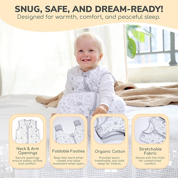 Mama Cheetah Toddler Sleep Sack with Feet in 1.0 Tog Organic Cotton for Boys and Girls, Baby Sleep Bag with Legs and 2-Way Zipper, Early Walker Medium
