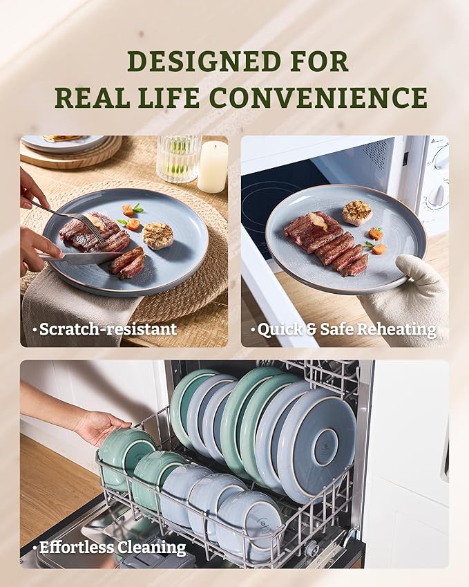 Famiware Meteor Plates and Bowls Sets for 4, 12 Pieces Dinnerware Sets, Microwave and Dishwasher Safe Dishes Set, Blue Gray