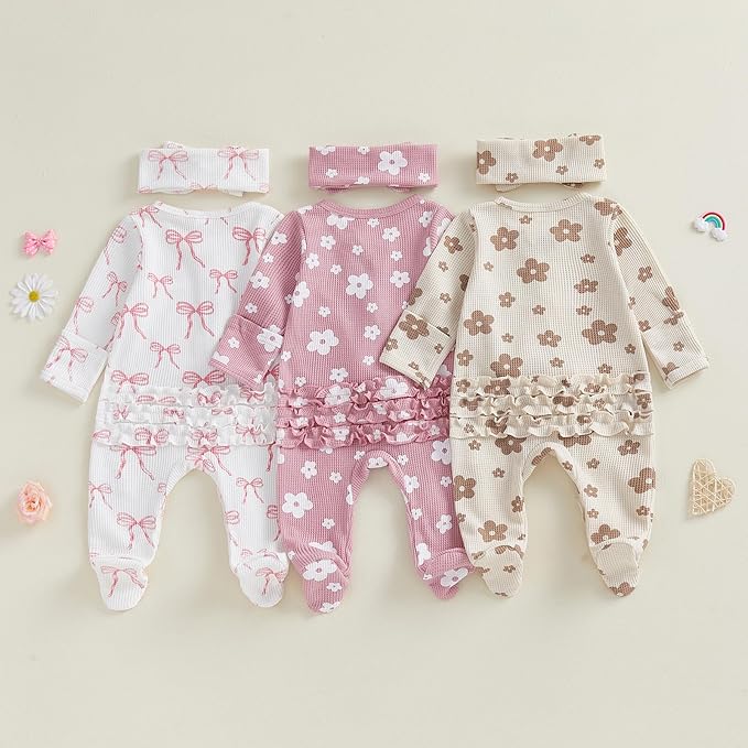 Newborn Baby Girl Clothes Bow Floral Footed Jumpsuit Ruffle Zipper Romper And Headband Cute 6pcs Coming Home Outfit