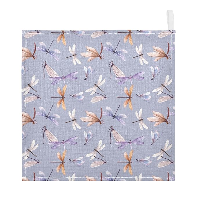 Baby Washcloths Cotton Dragonfly Baby Muslin Washcloths Soft Baby Face Towel for Newborn Infants Baby Wipes, 11.8 X 11.8 Inch, 5 Pack Lilac