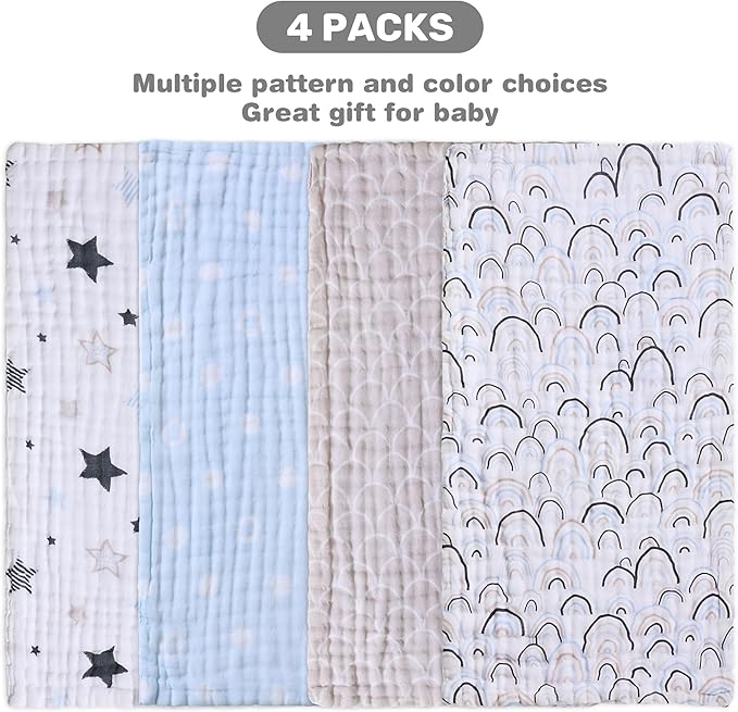 Viviland Baby Muslin Burp Cloths, Super Absorbent Washcloths for Baby Girl and Boy, 10 x 20 inches 6-Layer Baby Bath Towels, Blue Rainbow & Stars 4 Pack