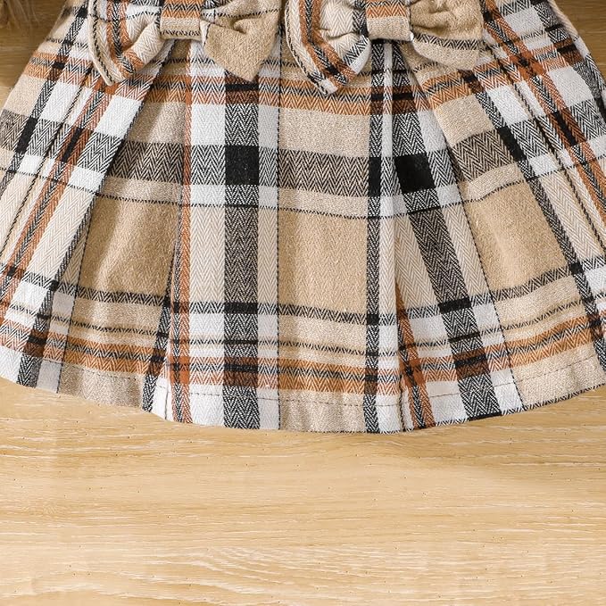 Toddler Baby Girl Plaid Dress Puff Sleeve Bow Patchwork Ribbed Shirts Dress Plaid Fall Winter Outfits with Headband
