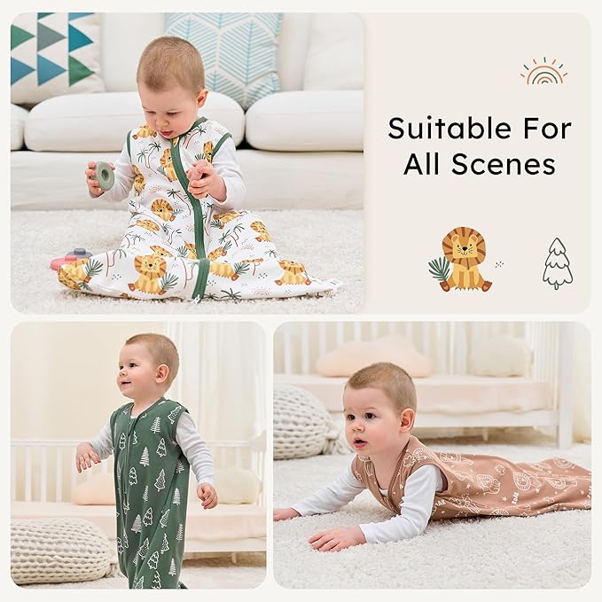 Baby Sleep Sack 12-18 months, 100% Cotton Sleeping Sack for Toddler, 3 Pack Baby Wearable Blanket, 0.5 Tog Lightweight Double Zipper Sleep Bag Large Brown Green Lion