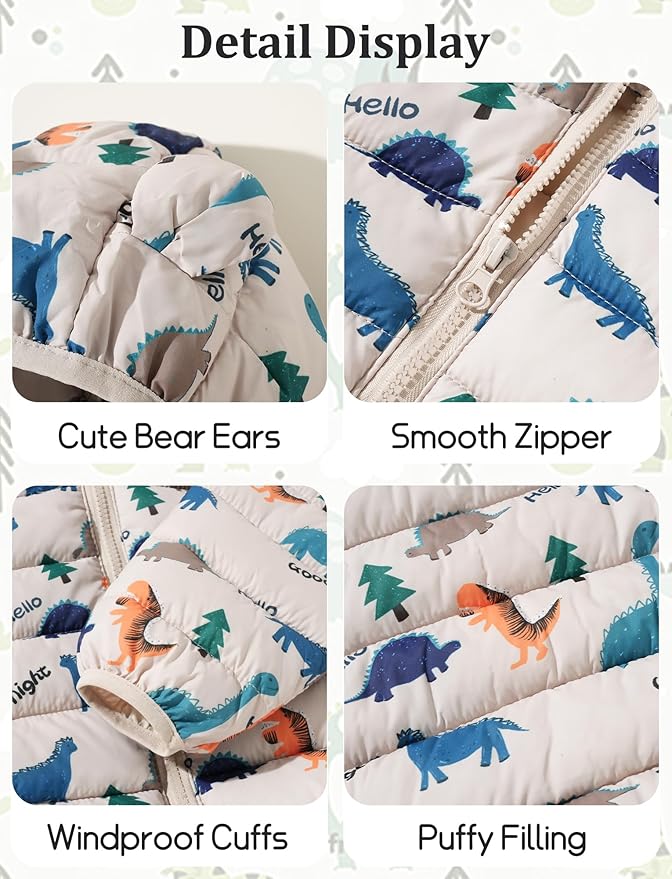 Happy Cherry Infant Baby Cute Cartoon Prints Winter Jacket Bear Ear Hood Warm Puffer Coat 6M-4T