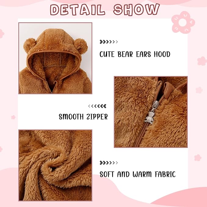 Baby Toddler Boys Girls Fleece Jacket with Hood Zip Up Cute Bear Coats for Infant Boys Girls Fuzzy Jacket with Ear 1-5T