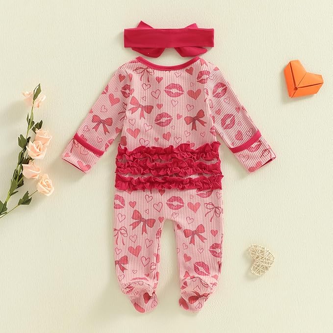Newborn Baby Girl Valentines Day Outfit Ruffles Bow Footie Long Sleeve Romper Jumpsuit Bodysuit Overalls Fall Clothes