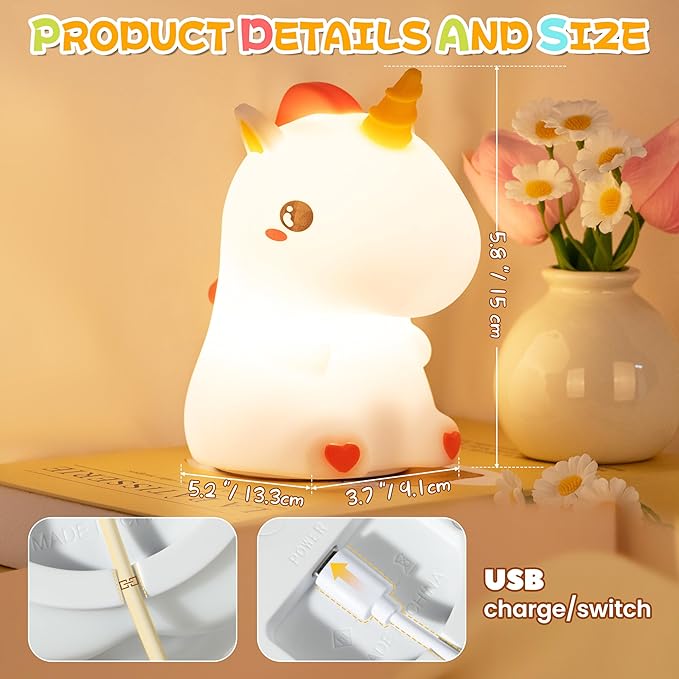 Night Light for Kids, Rechargeable Dimmable Silicone LED Nightlight with 7 Colors, Baby Nursery Night Lamp, Touch Squishy Lamp, Cute Gifts for Girls, Boys, Toddler Room Decor, Unicorn