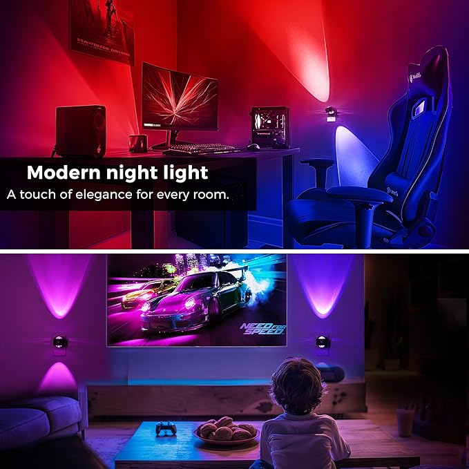 L LOHAS LED Night Light Projector, 2 Pack Color Changing Night Light Plug into Wall, Dusk to Dawn Sensor, Rotating Nightlight, RGB Ambient Lighting for Bathroom, Gaming Room, Decor, Gifts