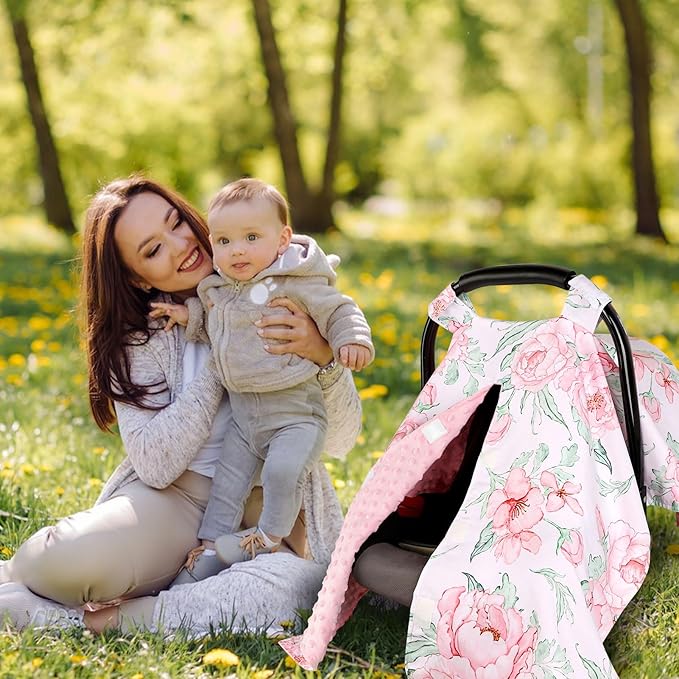 DILIMI Car Seat Cover Baby Girl, Minky Warm Winter Car Seat Covers for Babies, Peekaboo Opening Infant Car Seat Cover, Nursing Cover Carseat Canopy, Pink Flower