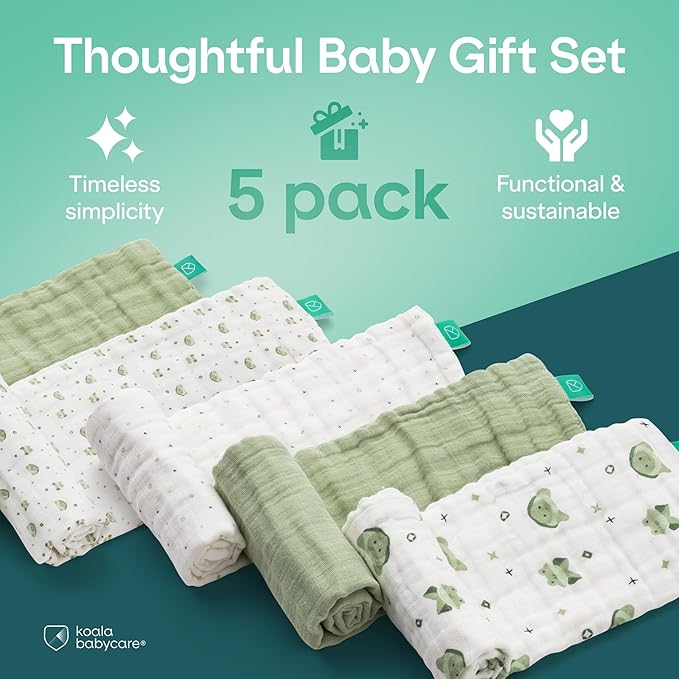 Koala Babycare 5 Pack 20"x10" Muslin Burp Cloths for Baby Boys and Girls - GOTS & Oeko-TEX Cotton Burp Rags for Newborns - Absorbent Neutral Burping Cloths for Feeding - Washable Baby Bibs Essentials