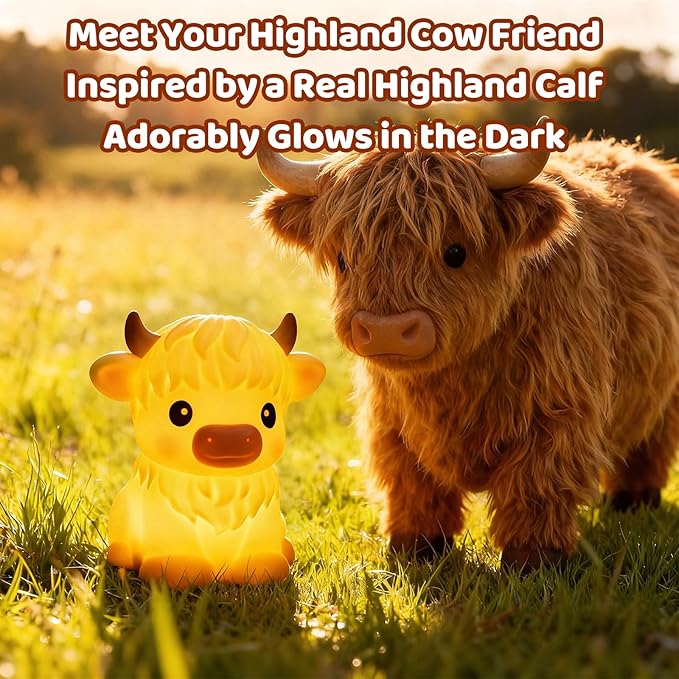 Mewaii Huggwaii Highland Cow Night Light for Kids, Dimmable Squishy Silicone Animal Night Light Touch Cow Lamp, Highland Cow Gifts for Nursery with 30 Auto-Off Timer, Cute Decor for Boys Girls Women