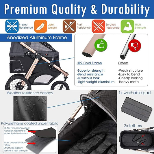HPZ Pet Rover Run Performance Jogging Sports Stroller with Comfort Rubber Wheels/Zipper-Less Entry/1-Hand Quick Fold/Aluminum Frame for Small/Medium Dogs, Cats and Pets (Black)