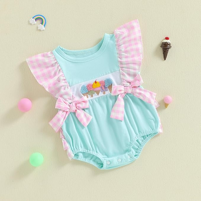 Newborn Outfits Baby Girl Clothes Summer Fly Sleeve Ice Cream Embroidery Romper Plaid Bow Ruffle Bodysuit Jumpsuit