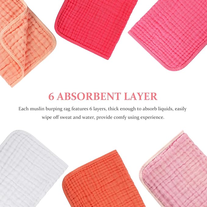 Hicarer 6 Count Muslin Burp Cloths Cotton Baby Burping Rags Large 20 x 10 Inch 6 Layers Spit up Rags Soft Absorbent Multicolor Wash Cloths Diapers for Newborn Baby Girl Boy(Pink Series)