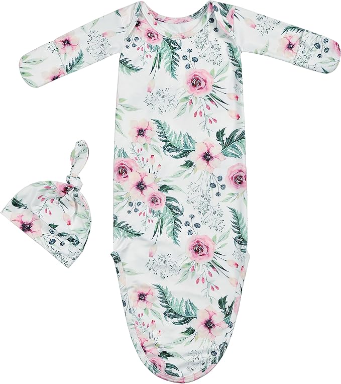 Newborn Baby Boy Long Sleeve Sleeper Gown with Mittens Knotted Gown Coming Home Outfit Nightgown Hat Set 2 Pieces