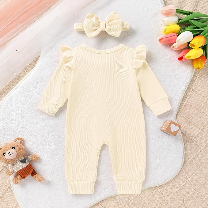 Newborn Baby Girl Cute Bear Ruffle Long Sleeve Jumpsuit Ribbed Bodysuit One-Piece Button Romper with Headband 0-18M