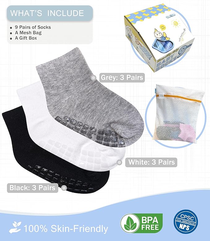 Baby Mid-Crew Socks with Grips (9 Pairs) for 0-7 Years Old Toddler Boy Girl Kids