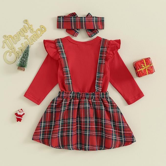 Hnyenmcko Newborn Baby Girl Christmas Clothes Infant Red Plaid Romper Dress Ruffle Long Sleeve Ribbed Bodysuit Headband Set