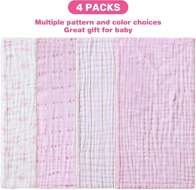 Viviland Baby Muslin Burp Cloths, Super Absorbent Washcloths for Baby Girl and Boy, 10 x 20 inches 6-Layer Baby Bath Towels, Pink Flowers & Hearts 4 Pack