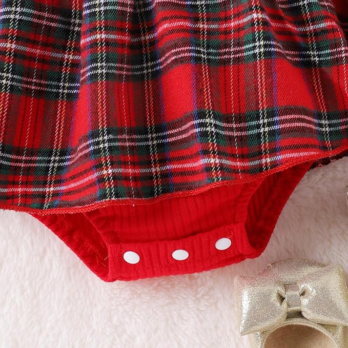 Newborn Christmas Outfit Baby Girl Plaid Romper Dress Infant Ruffle Long Sleeve Ribbed Bodysuit Headband Clothes
