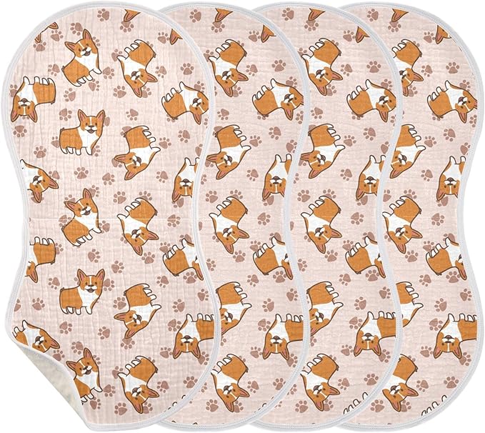 vvfelixl Baby Burp Cloths Cartoon Corgis Baby Newborn Cotton Burping Cloths Set Baby Washcloths 4 Pack Flesh-Colored