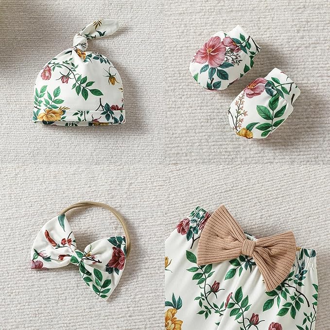 ChuYuKu Baby Girls Newborn Long Sleeve Romper Infant Winter Clothes Floral Pants Outfits with Headband & Mittens 0-6M