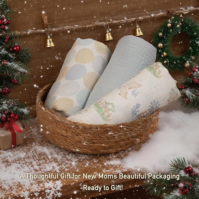 Muslin Swaddle Blankets for Newborn, 3 Pack Breathable Soft Receiving Blanket, Large 38 x 40 inches Swaddle Wrap Burping Clothes Diapers, Essentials Infant Shower Items, Toddler Gift (Cute Country)