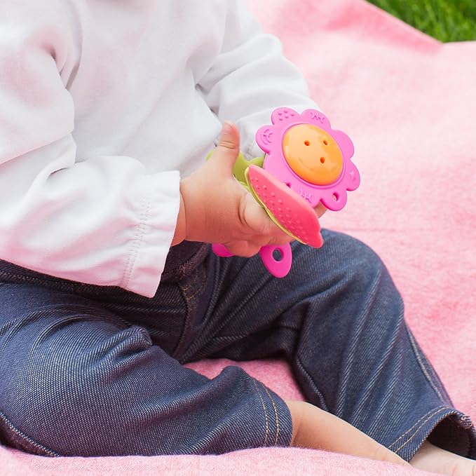 Innobaby Original Teethin' Smart EZ Grip Teether and Sensory Toy Assortment for Babies and Toddlers. BPA Free - 2 Pack Teether Bundle (Yellow Star/Pink Flower)