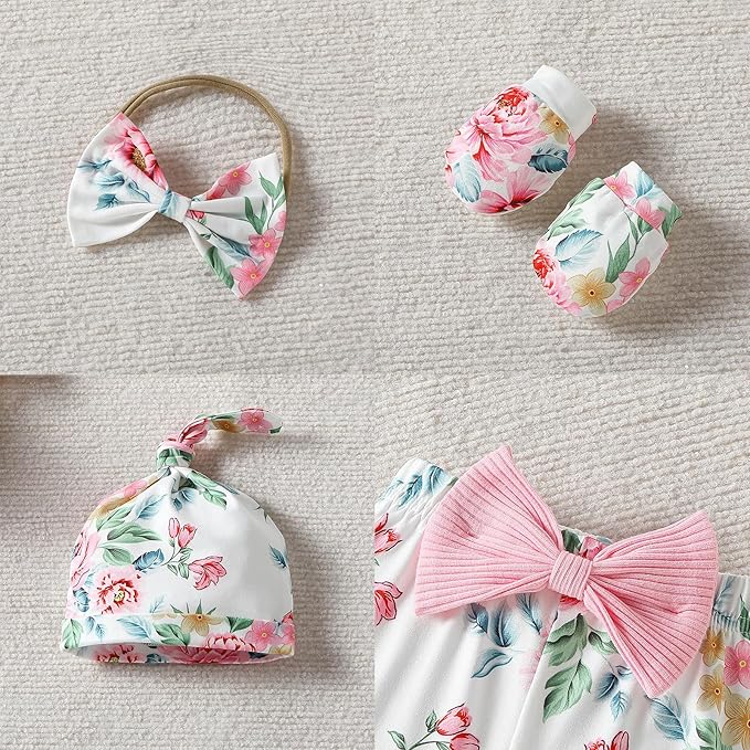 ChuYuKu Baby Girls Newborn Long Sleeve Romper Infant Winter Clothes Floral Pants Outfits with Headband & Mittens 0-6M