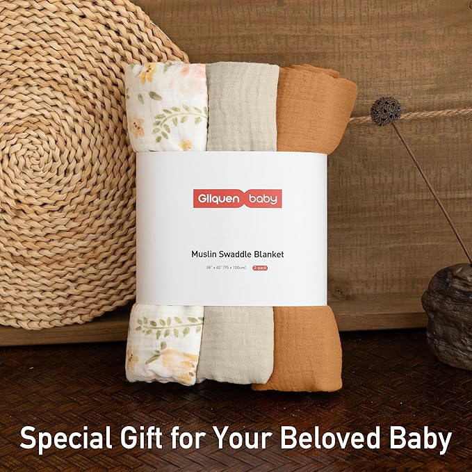 GLLQUEN BABY Muslin Swaddle Blankets,3-Pack Receiving Blanket for Newborn Boys and Girls,Baby Swaddle Blanket Unisex,Pastoral Whispers,Baby Essentials, Registry & Gift, 40 x 38 inches