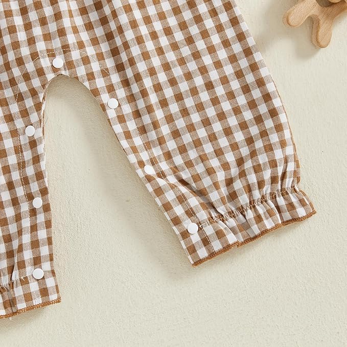 Newborn Infant Smocked Baby Girl Clothes Plaid Bubble Romper Long Leg Bodysuit Bow One-Piece Jumpsuit