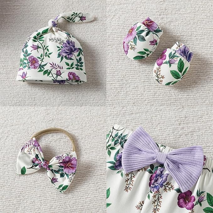 ChuYuKu Baby Girls Newborn Long Sleeve Romper Infant Winter Clothes Floral Pants Outfits with Headband & Mittens 0-6M