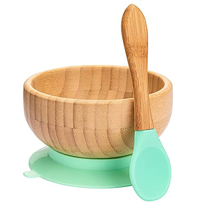 Baby Bowls and Spoons, Baby Bamboo Bowl and Spoon | Silicone Suction | Bamboo Baby Bowls for Baby | Baby Bowls First Stage | Baby Wood Bowls (Cyan-Blue)