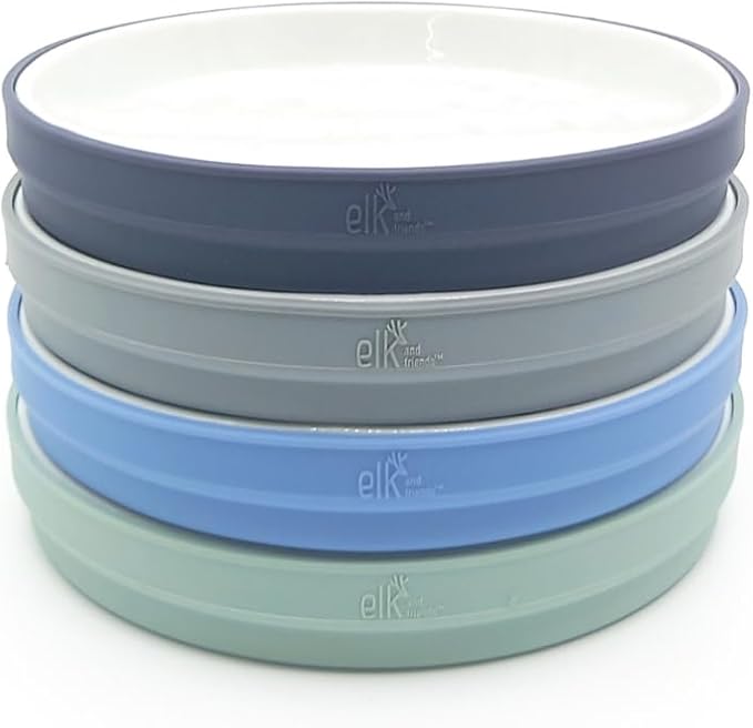 Elk and Friends Kids 7.8” Porcelain White Plates with Silicone Sleeves | Suitable for Babies/Toddlers | Microwave & Dishwasher Safe | Non Slip Dinnerware | Snack Dishes | 4 Pack