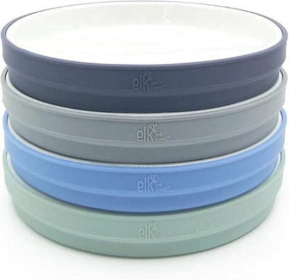 Elk and Friends Kids 7.8” Porcelain White Plates with Silicone Sleeves | Suitable for Babies/Toddlers | Microwave & Dishwasher Safe | Non Slip Dinnerware | Snack Dishes | 4 Pack