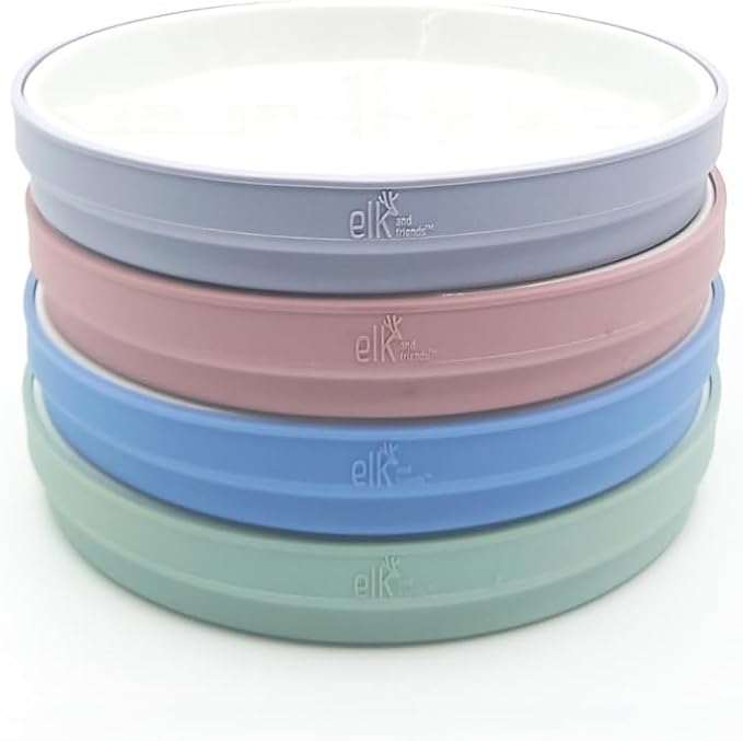 Elk and Friends Kids 7.8” Porcelain White Plates with Silicone Sleeves | Suitable for Babies/Toddlers | Microwave & Dishwasher Safe | Non Slip Dinnerware | Snack Dishes | 4 Pack