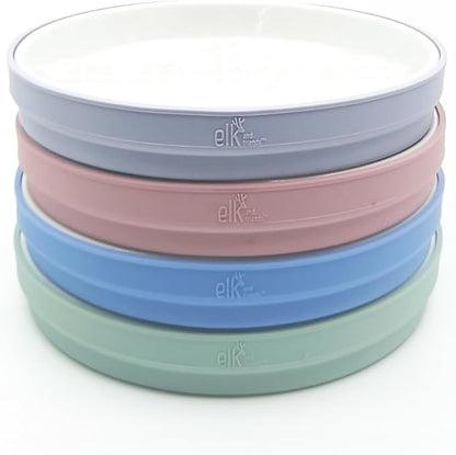 Elk and Friends Kids 7.8” Porcelain White Plates with Silicone Sleeves | Suitable for Babies/Toddlers | Microwave & Dishwasher Safe | Non Slip Dinnerware | Snack Dishes | 4 Pack